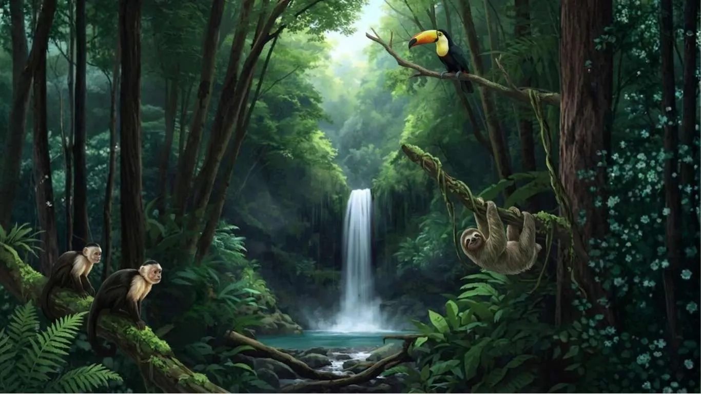 Manuel Antonio National Park jungle with sloth, toucan and monkey at a waterfall